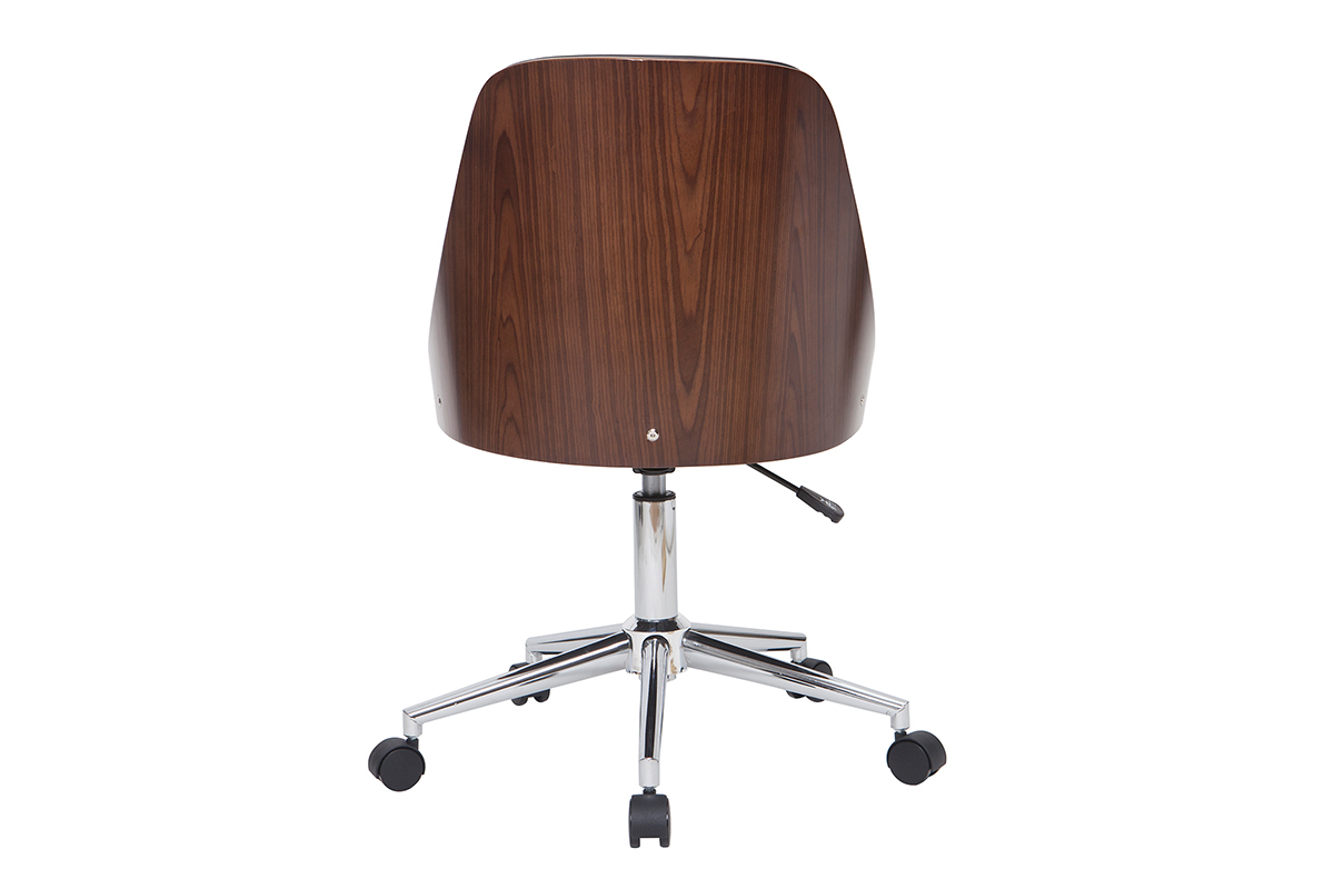 Chaise de bureau � roulettes design noir, bois fonc� noyer et acier chrom� QUINO