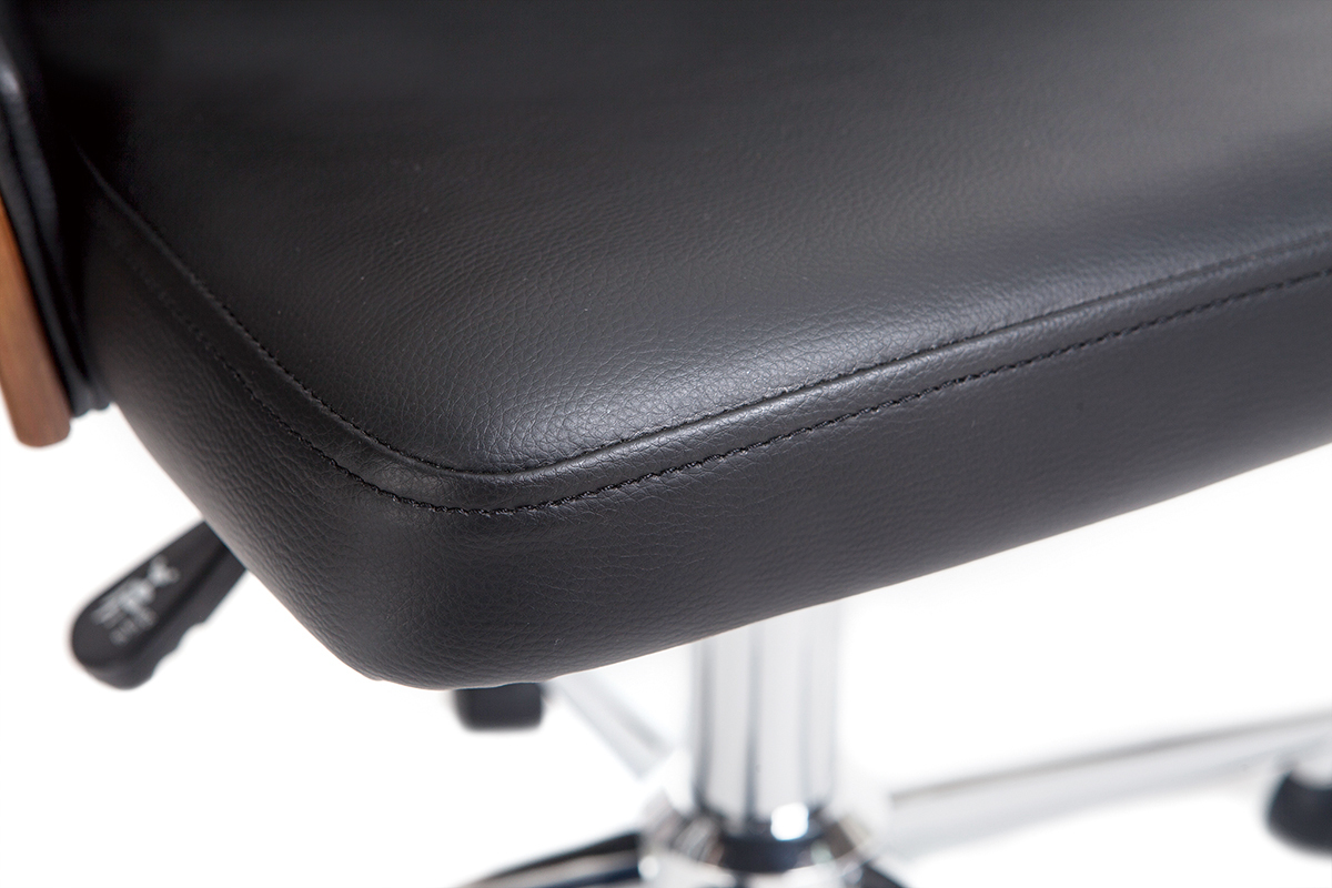 Chaise de bureau � roulettes design noir, bois fonc� noyer et acier chrom� QUINO