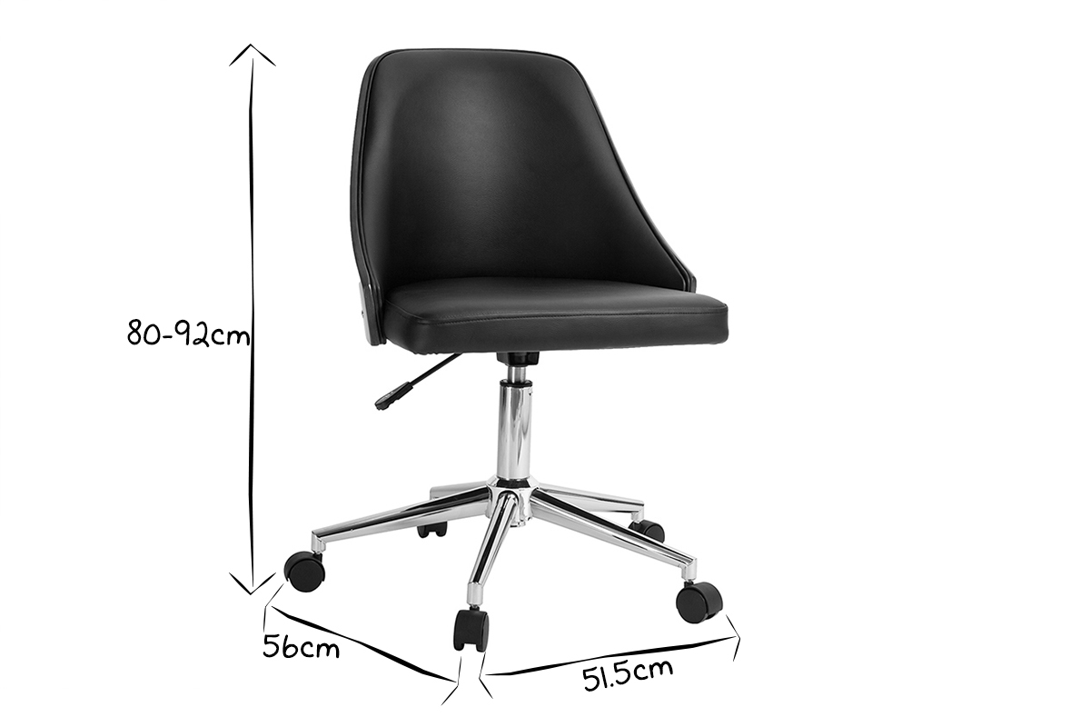 Chaise de bureau � roulettes design noir, bois fonc� noyer et acier chrom� QUINO