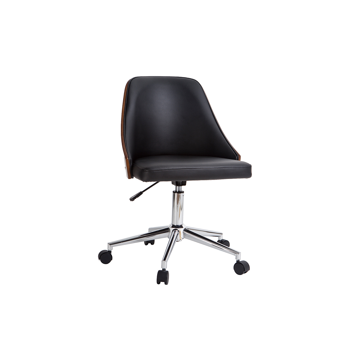 Chaise de bureau à roulettes design noir, bois foncé noyer et acier chromé QUINO vue1