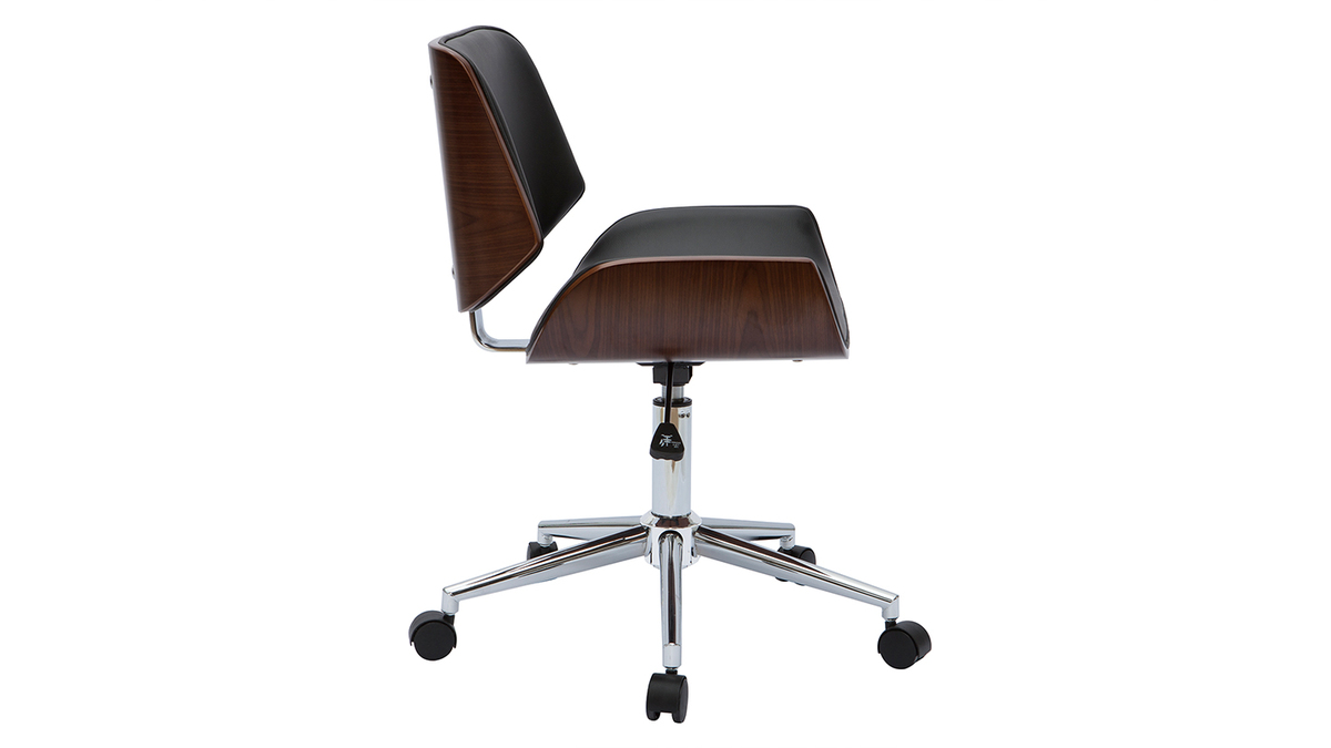 Chaise de bureau à roulettes design noir, bois foncé noyer et acier chromé RUBBENS