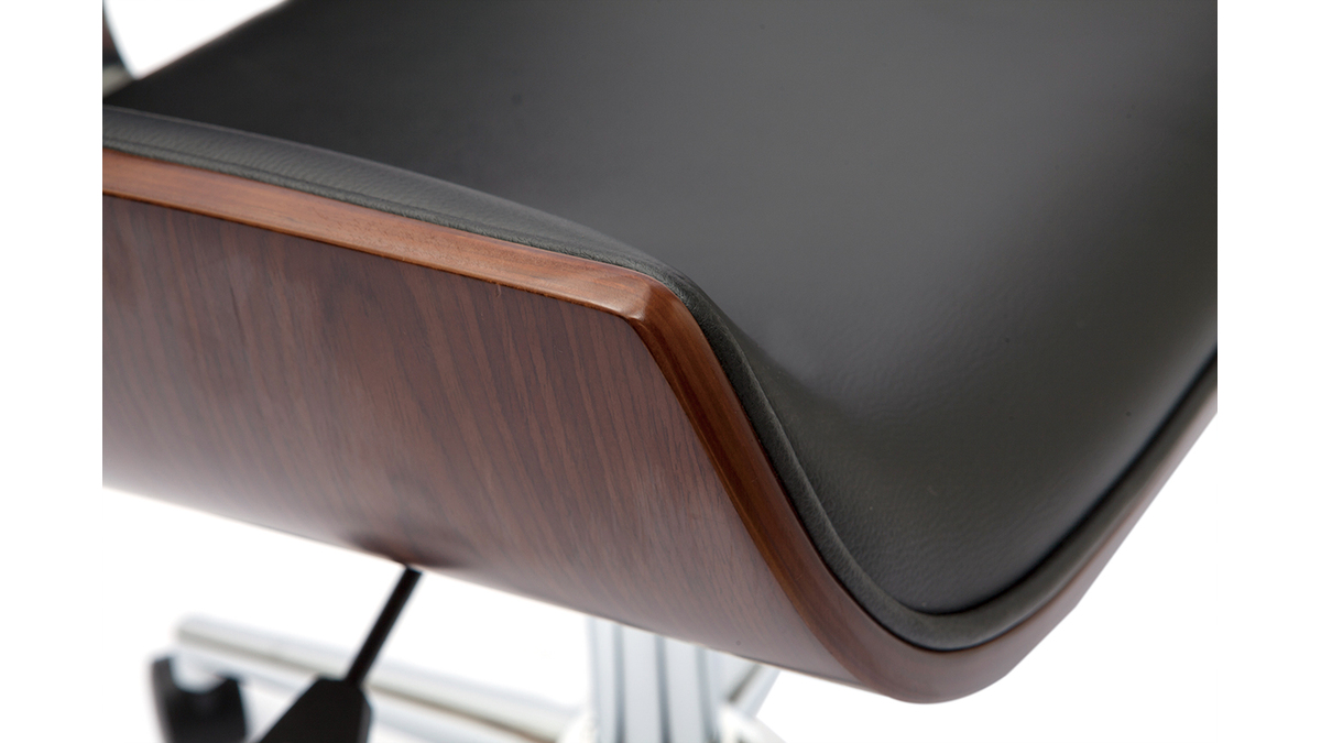 Chaise de bureau à roulettes design noir, bois foncé noyer et acier chromé RUBBENS