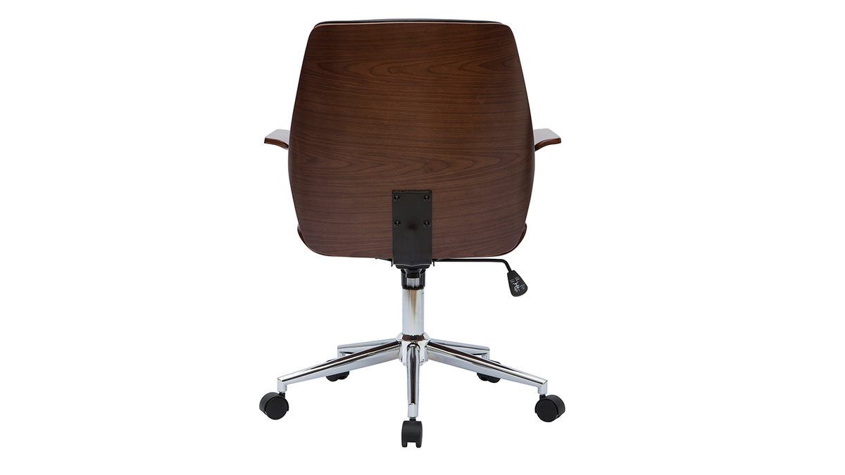 Chaise de bureau à roulettes design noir, bois foncé noyer et acier chromé RUFIN