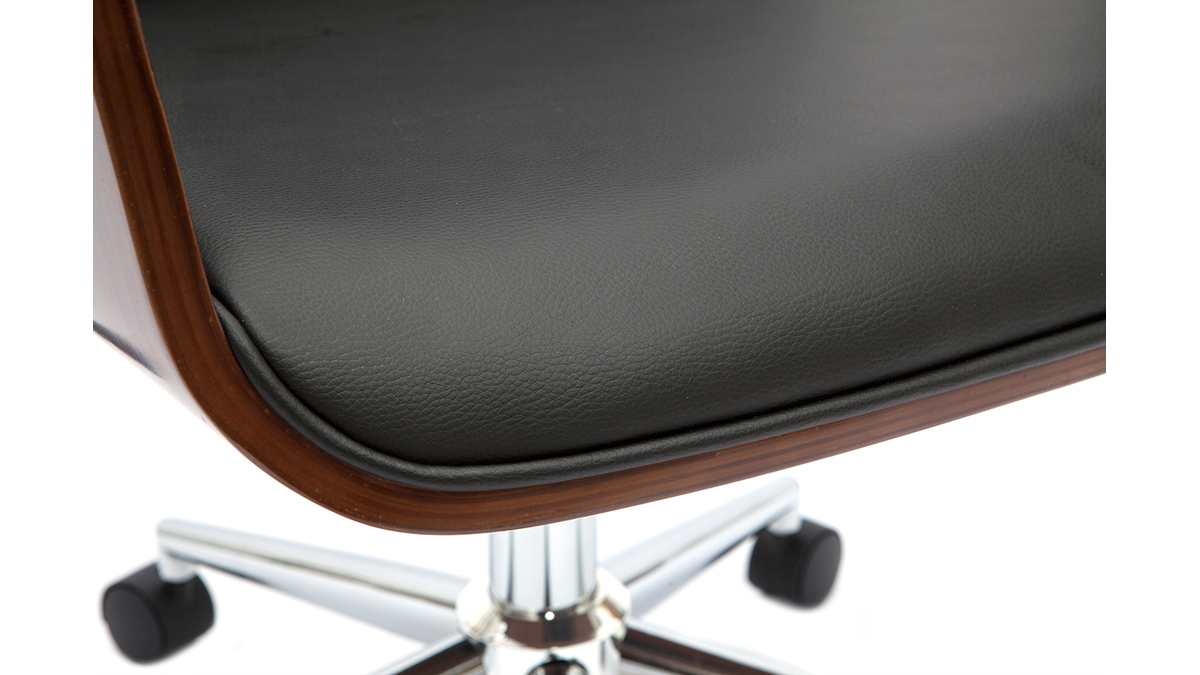 Chaise de bureau à roulettes design noir, bois foncé noyer et acier chromé RUFIN