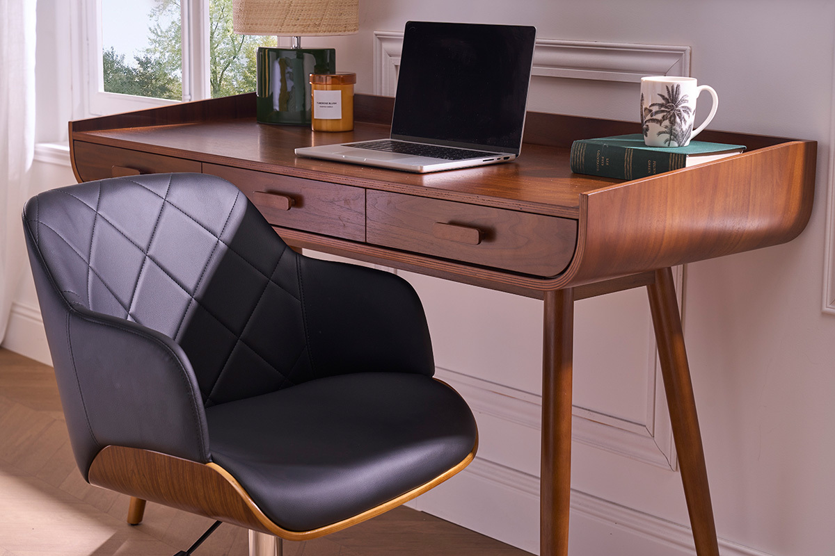 Chaise de bureau  roulettes design noir, bois fonc noyer et acier chrom SANDRO