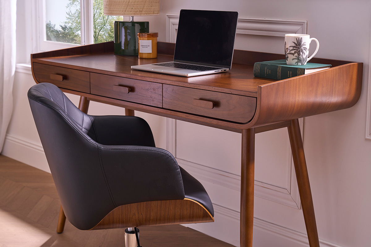 Chaise de bureau  roulettes design noir, bois fonc noyer et acier chrom SANDRO