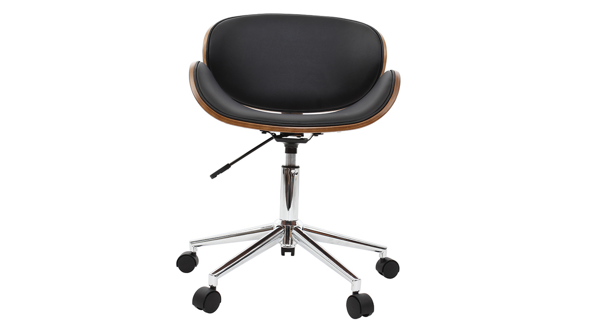 Chaise de bureau à roulettes design noir, bois foncé noyer et acier chromé WALNUT