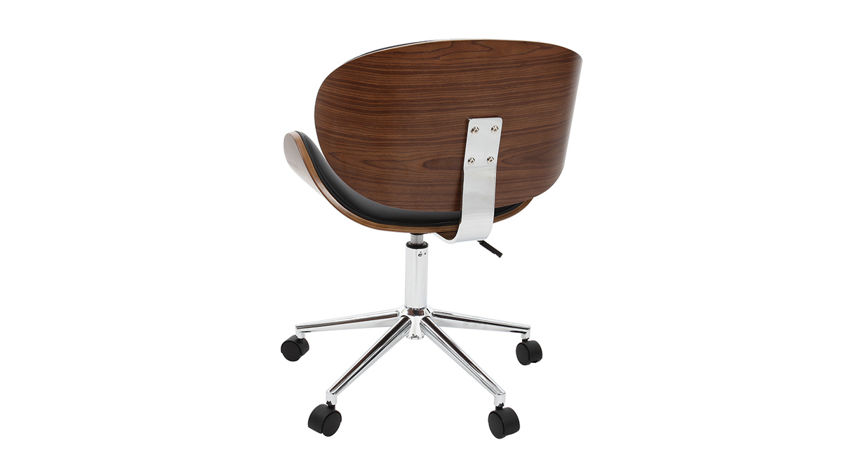 Chaise de bureau à roulettes design noir, bois foncé noyer et acier chromé WALNUT
