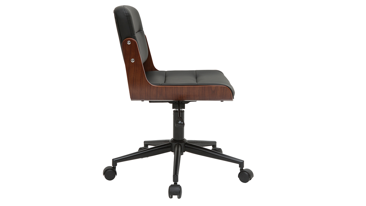 Chaise de bureau à roulettes design noir, bois foncé noyer et métal noir ARAMON