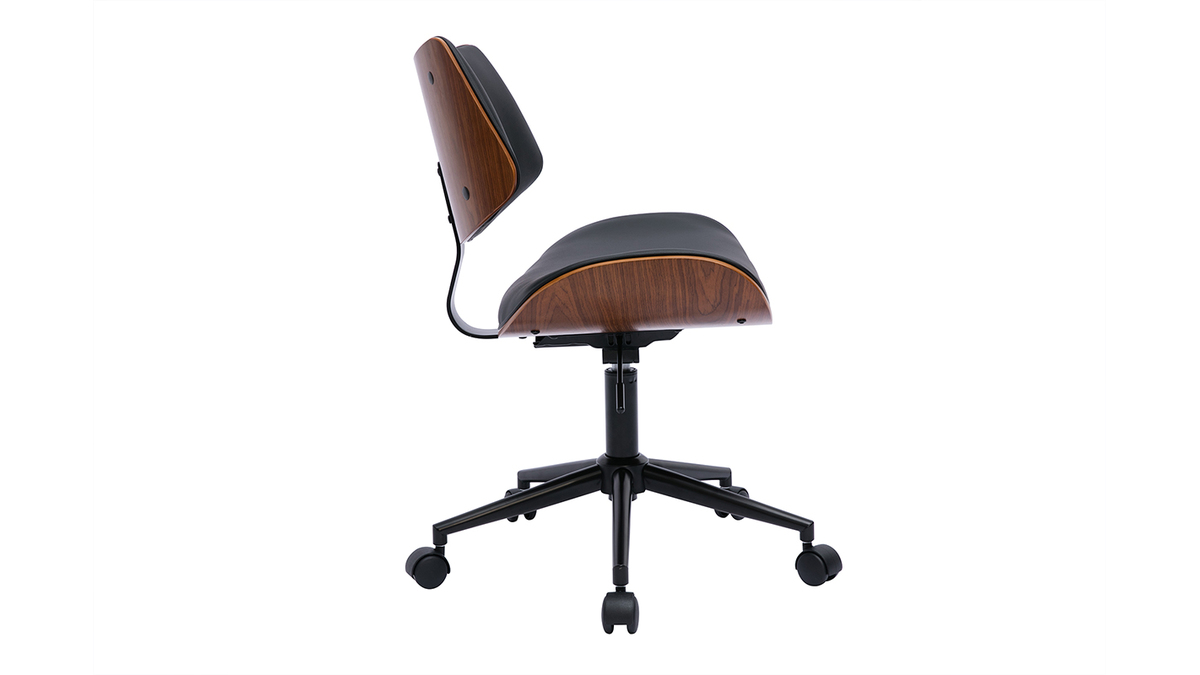 Chaise de bureau à roulettes design noir, bois foncé noyer et métal noir MALMO