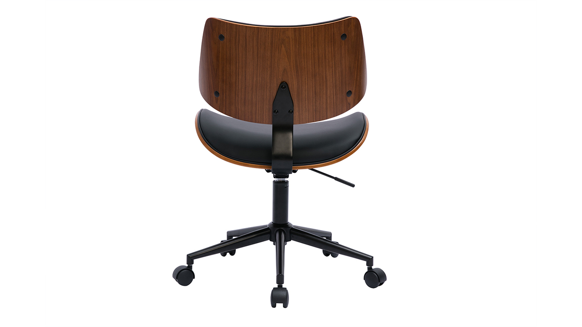 Chaise de bureau à roulettes design noir, bois foncé noyer et métal noir MALMO