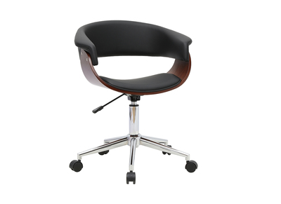 Chaise de bureau &agrave; roulettes design noire, bois fonc&eacute; et acier chrom&eacute; OKTAV