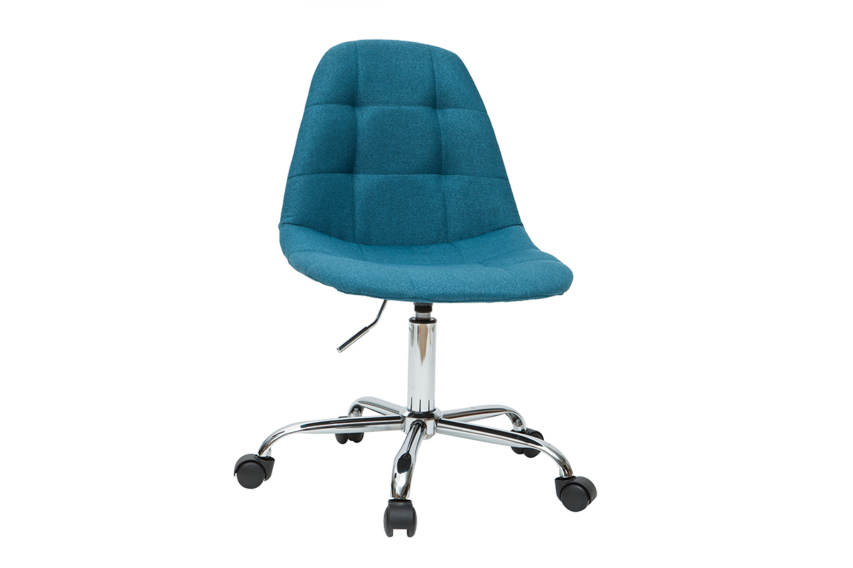 Chaise de bureau � roulettes en tissu bleu p�trole et acier chrom� COX