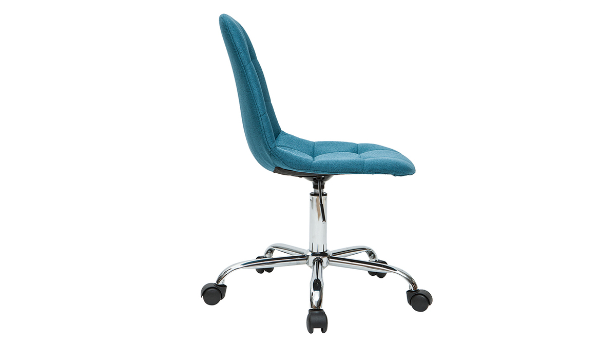 Chaise de bureau à roulettes en tissu bleu pétrole et acier chromé COX