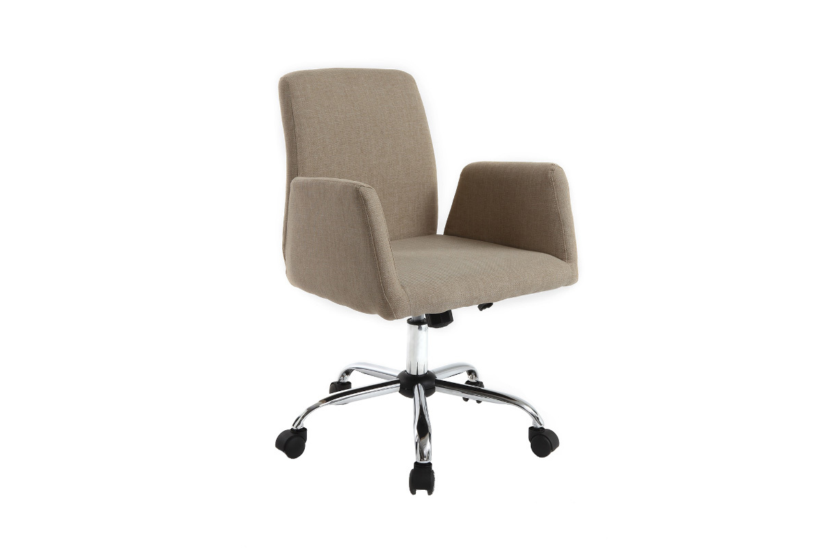 Chaise de bureau � roulettes en tissu cr�me et acier chrom� ARIEL