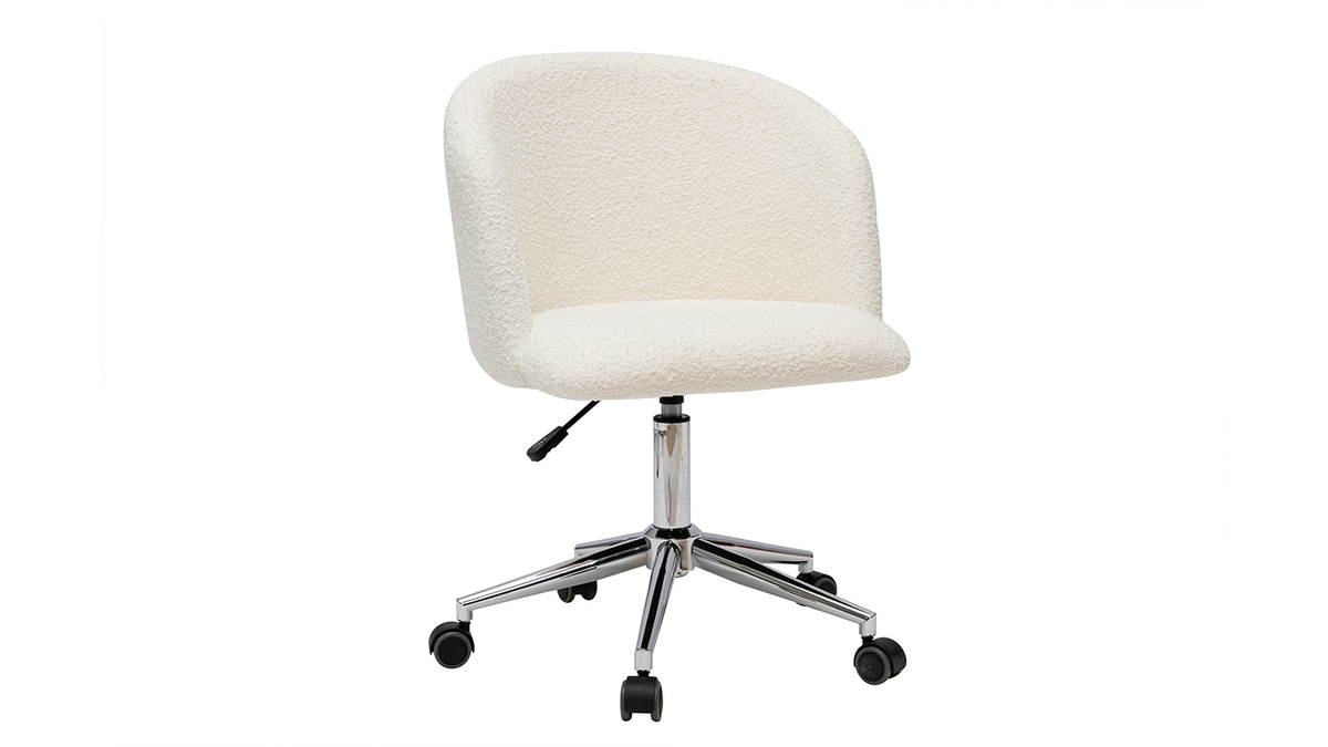 Chaise de bureau à roulettes en tissu effet laine bouclée blanc cassé et acier chromé VANITY