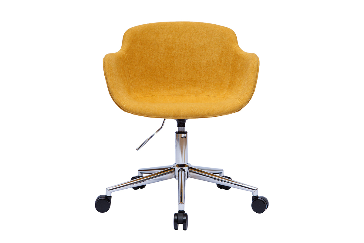 Chaise de bureau  roulettes en tissu effet velours jaune moutarde et acier chrom AARON