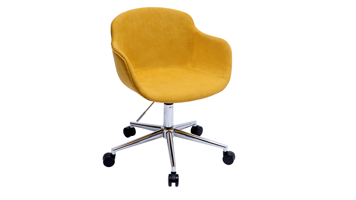 Chaise de bureau à roulettes en tissu effet velours jaune moutarde et acier chromé AARON