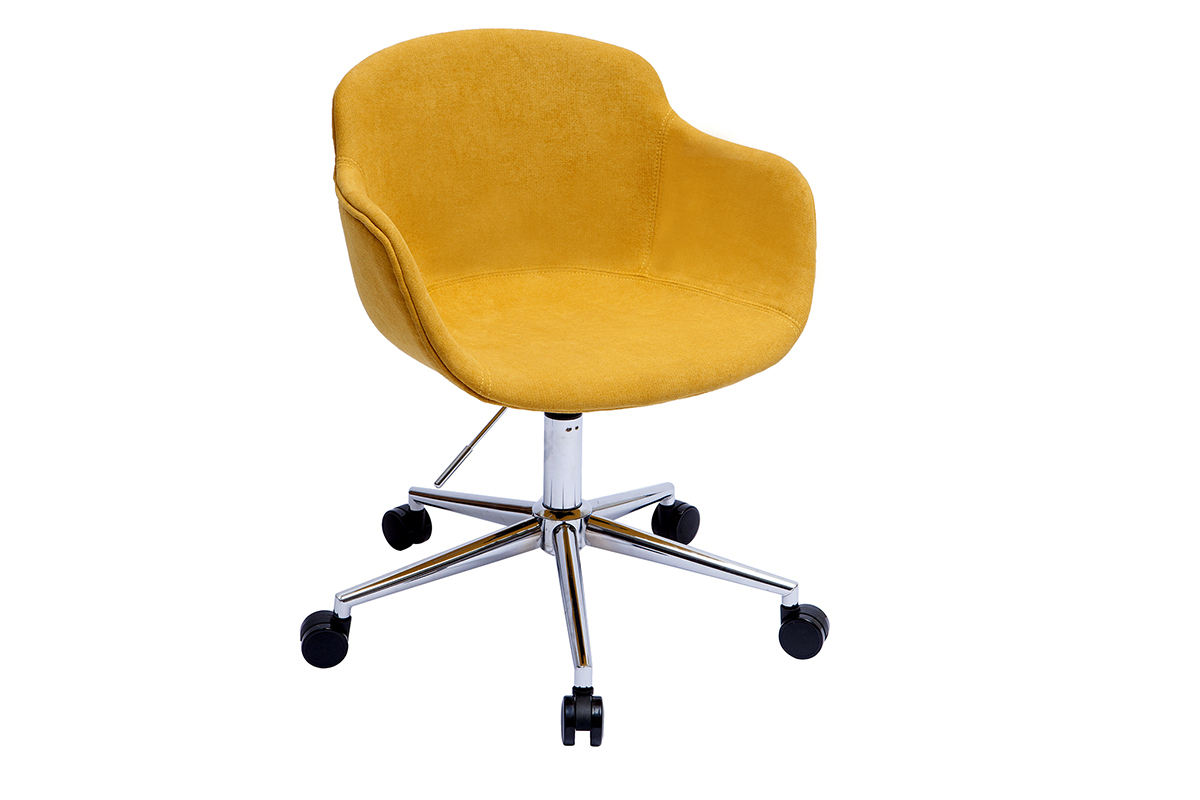 Chaise de bureau  roulettes en tissu effet velours jaune moutarde et acier chrom AARON