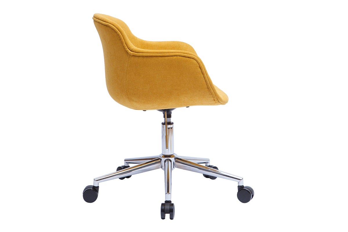 Chaise de bureau  roulettes en tissu effet velours jaune moutarde et acier chrom AARON