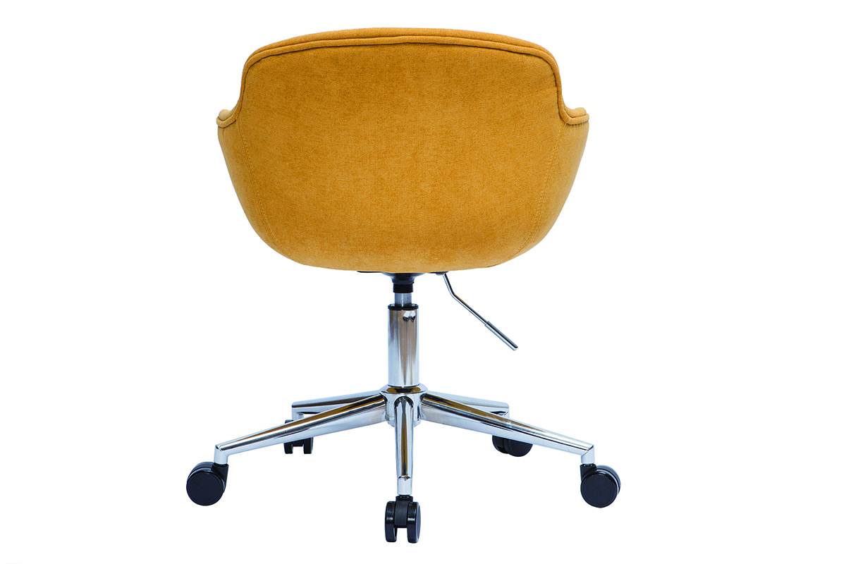 Chaise de bureau  roulettes en tissu effet velours jaune moutarde et acier chrom AARON