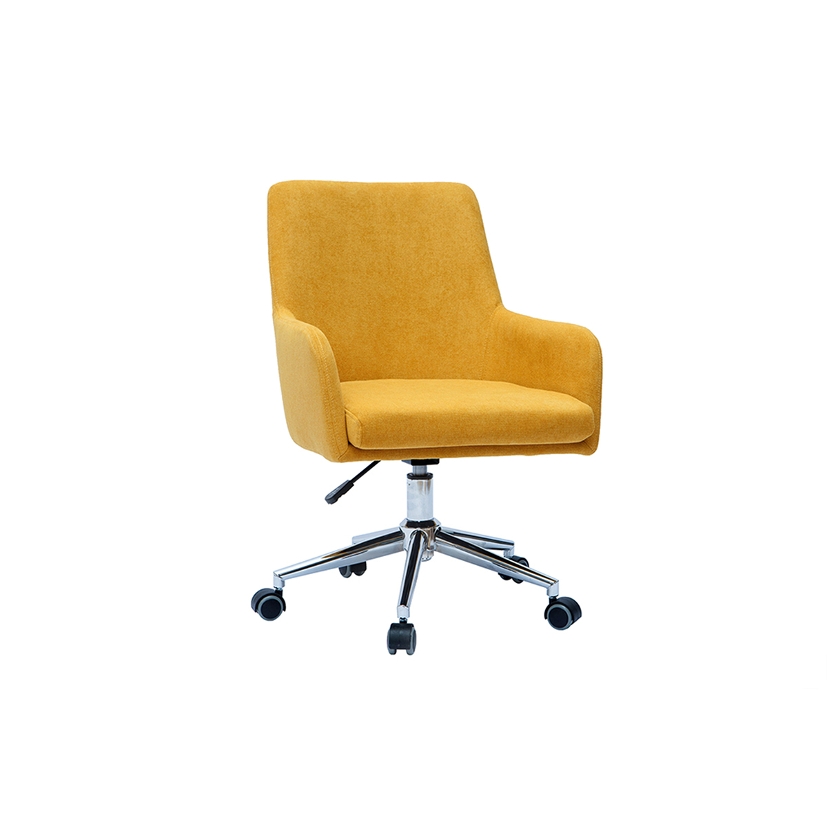 Chaise de bureau à roulettes en tissu effet velours jaune moutarde et acier chromé SHANA vue1