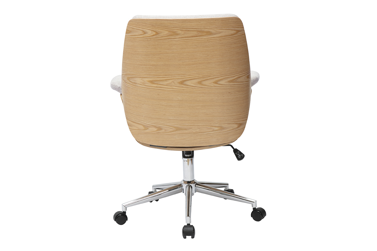 Chaise de bureau HELIOS vue de dos, bois clair, m�tal chrom�, roulettes.