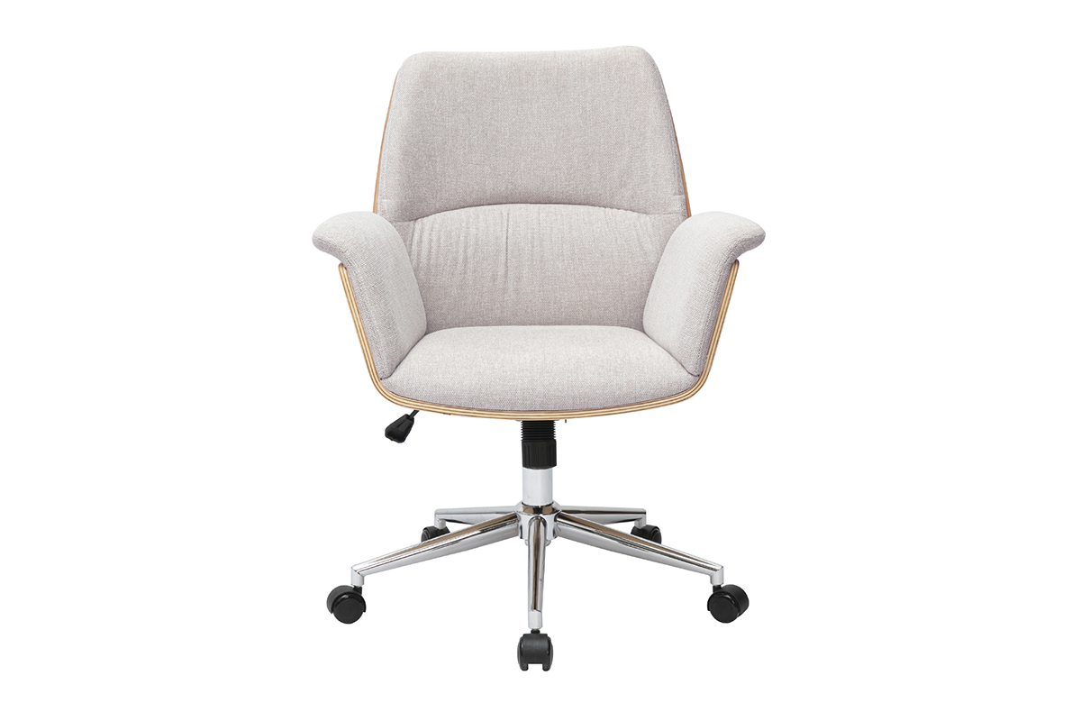 Chaise de bureau velours beige, bois clair, vue de face, base en m�tal chrom� avec roulettes.