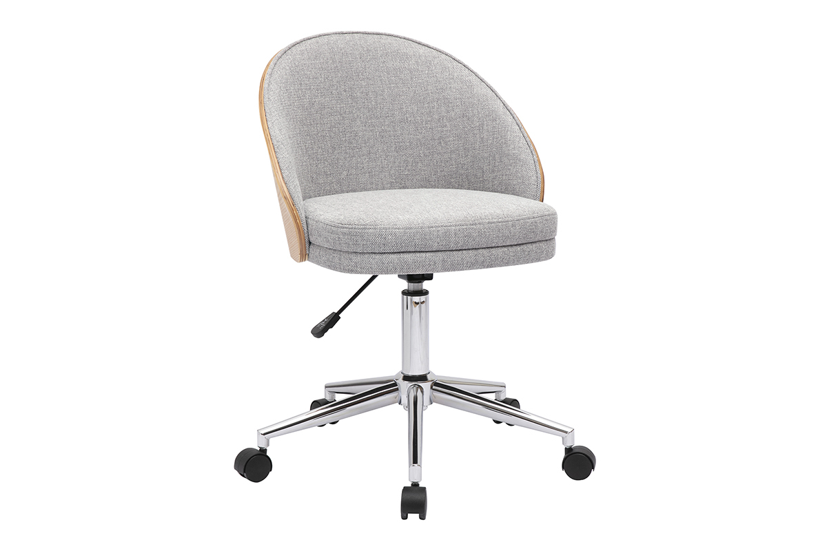 Chaise de bureau grise effet velours, bois clair, m�tal chrom�, roulettes.