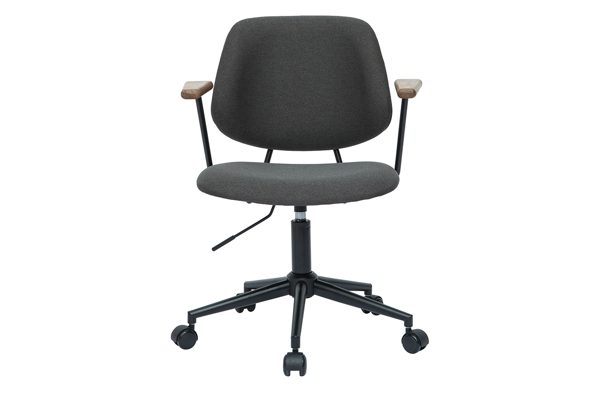 Chaise de bureau � roulettes en tissu gris anthracite, ch�ne massif et m�tal noir BARNET
