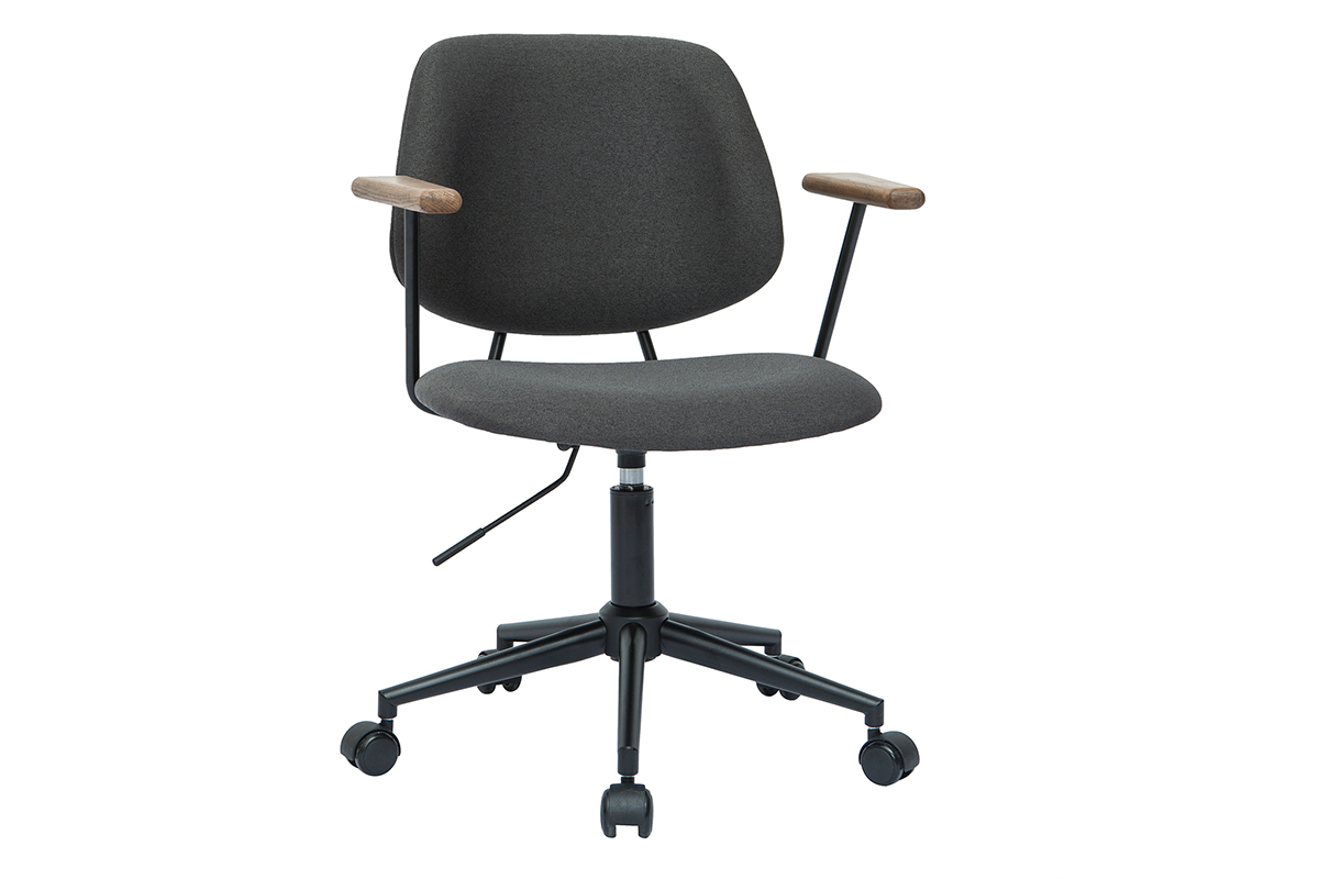 Chaise de bureau � roulettes en tissu gris anthracite, ch�ne massif et m�tal noir BARNET