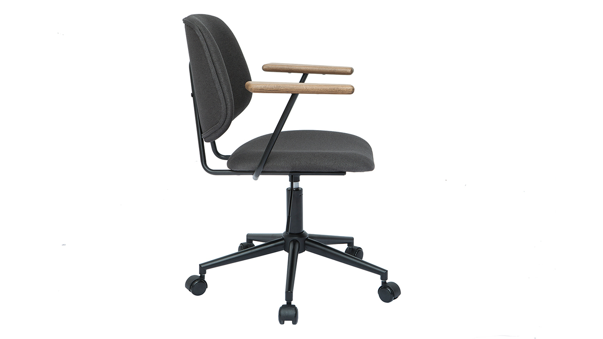 Chaise de bureau à roulettes en tissu gris anthracite, chêne massif et métal noir BARNET
