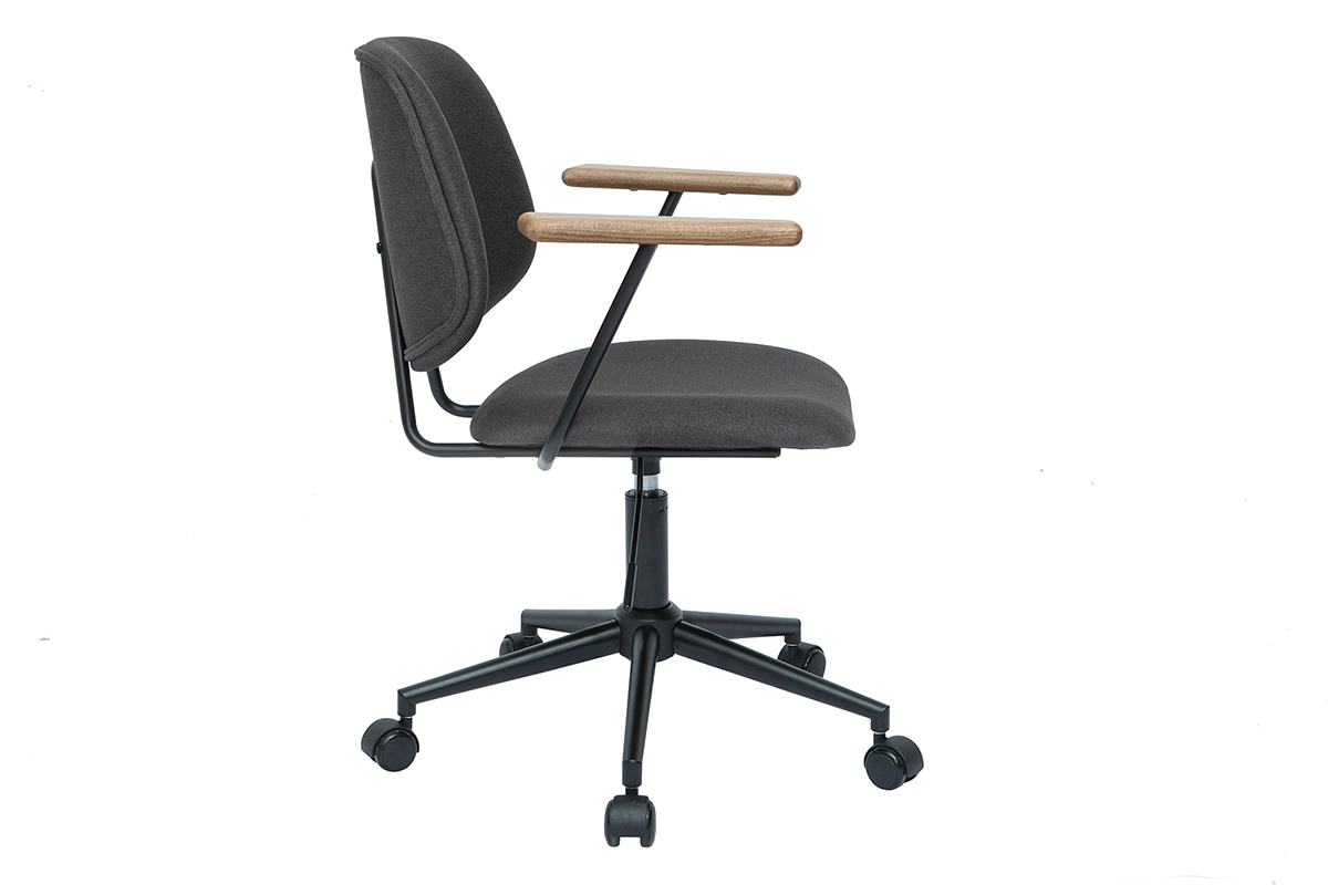 Chaise de bureau � roulettes en tissu gris anthracite, ch�ne massif et m�tal noir BARNET