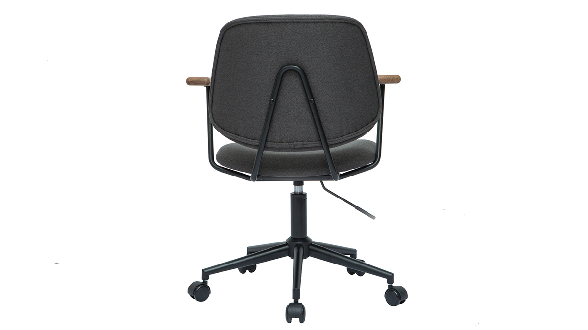 Chaise de bureau à roulettes en tissu gris anthracite, chêne massif et métal noir BARNET