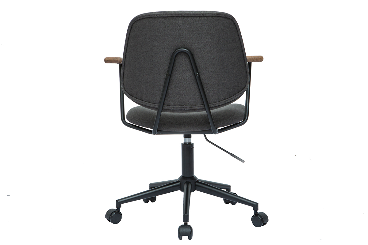 Chaise de bureau � roulettes en tissu gris anthracite, ch�ne massif et m�tal noir BARNET
