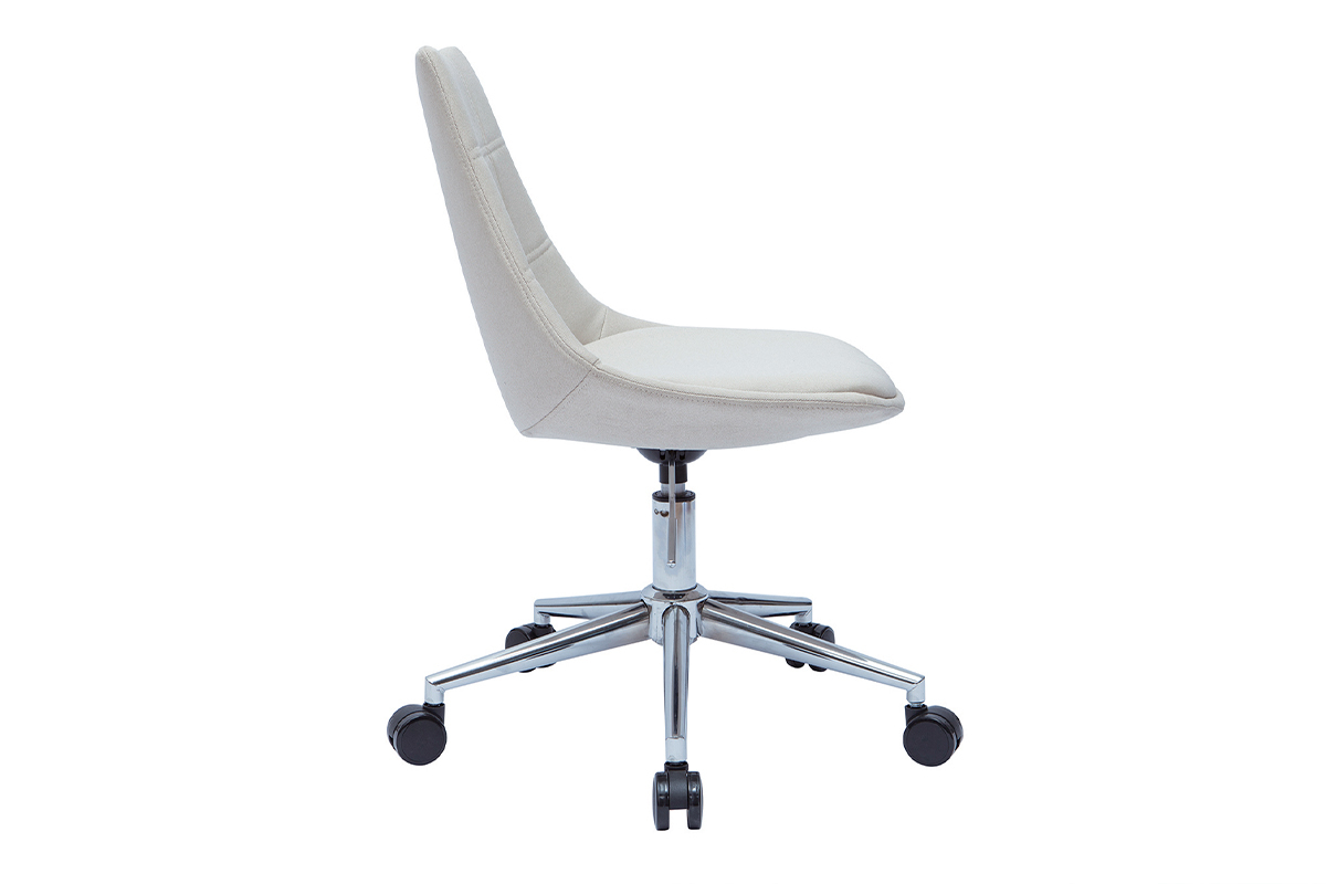 Chaise de bureau � roulettes en tissu naturel et acier chrom� MATILDE
