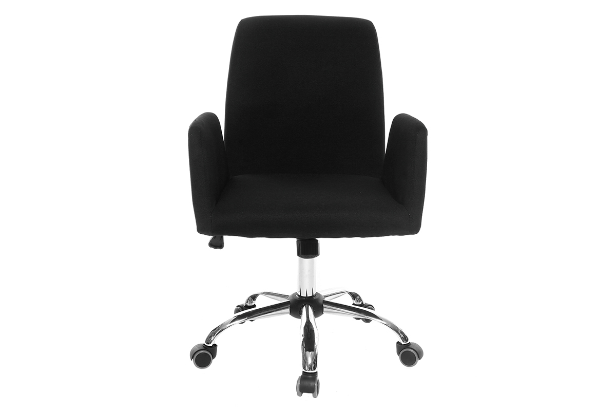 Chaise de bureau � roulettes en tissu noir et acier chrom� ARIEL