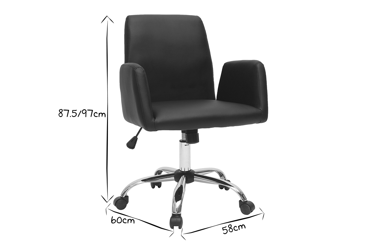 Chaise de bureau � roulettes en tissu noir et acier chrom� ARIEL