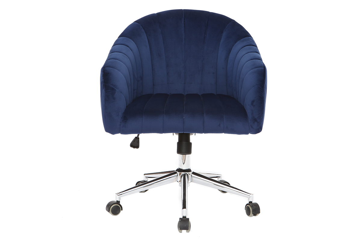 Chaise de bureau � roulettes en tissu velours bleu fonc� et acier chrom� ROMI