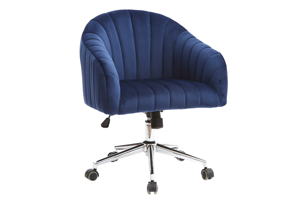 Chaise de bureau � roulettes en tissu velours bleu fonc� et acier chrom� ROMI