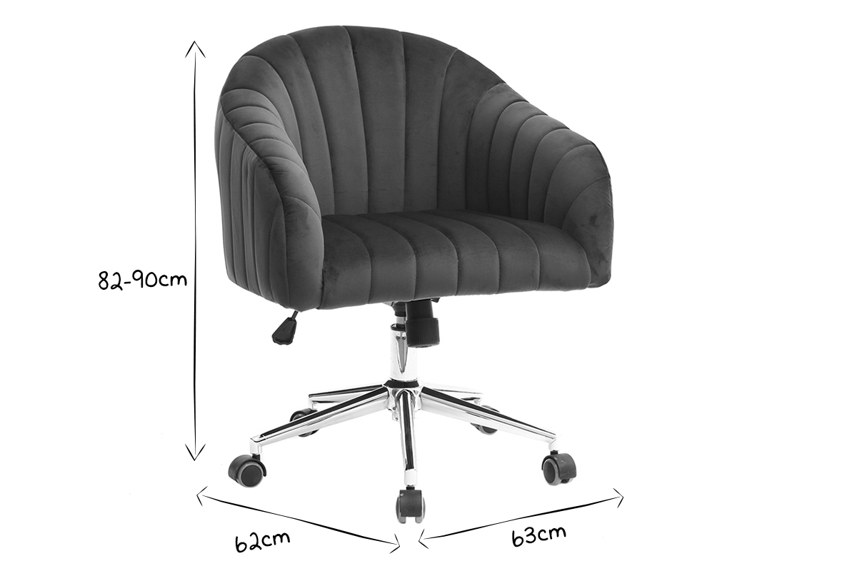 Chaise de bureau � roulettes en tissu velours bleu fonc� et acier chrom� ROMI