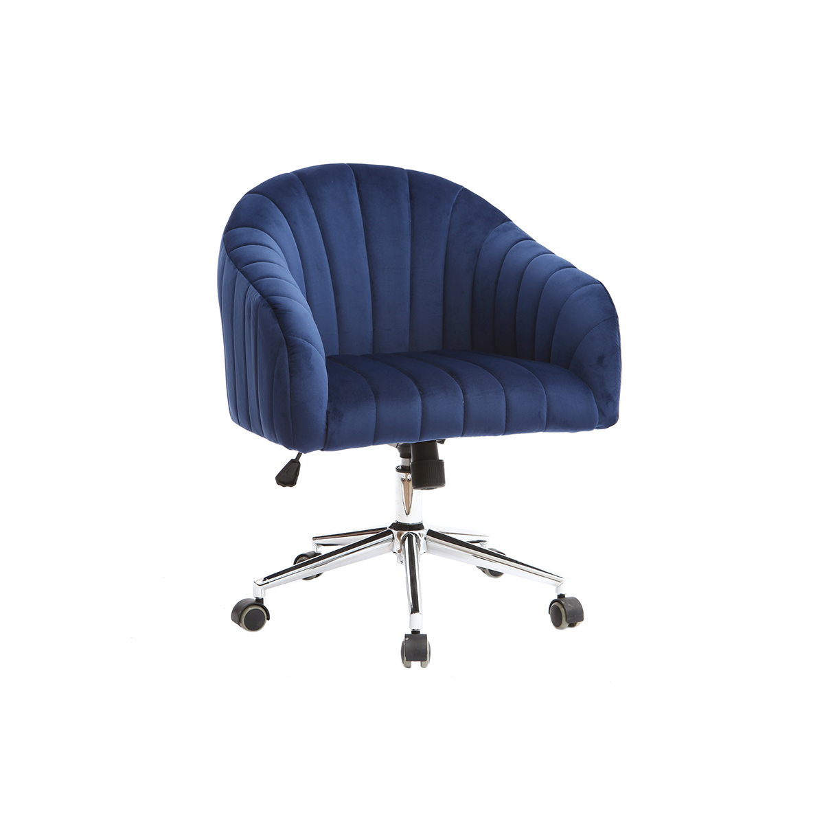 Chaise de bureau à roulettes en tissu velours bleu foncé et acier chromé ROMI vue1