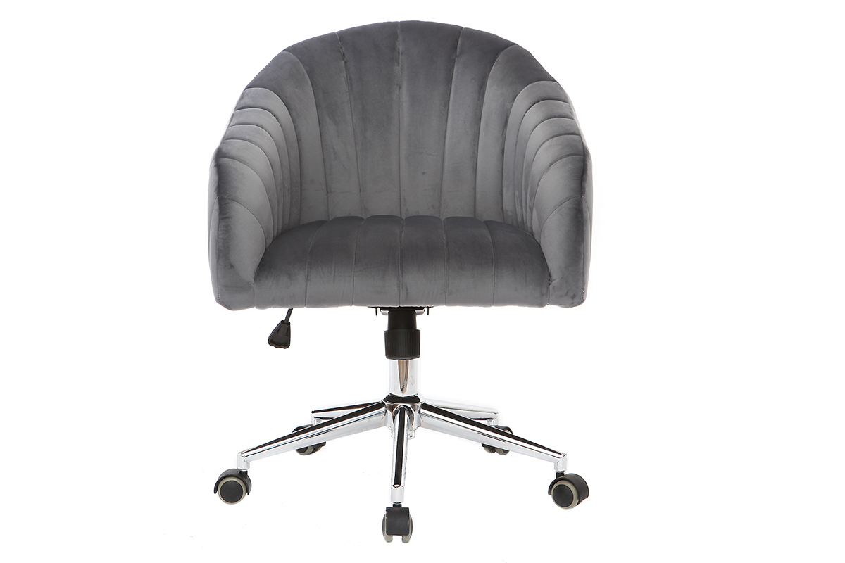 Chaise de bureau � roulettes en tissu velours gris fonc� et acier chrom� ROMI