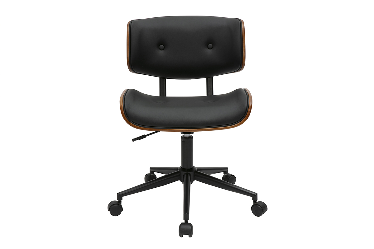 Chaise de bureau noire et bois fonc, style rtro-mod moderne, sur roulettes, modle BASILE.