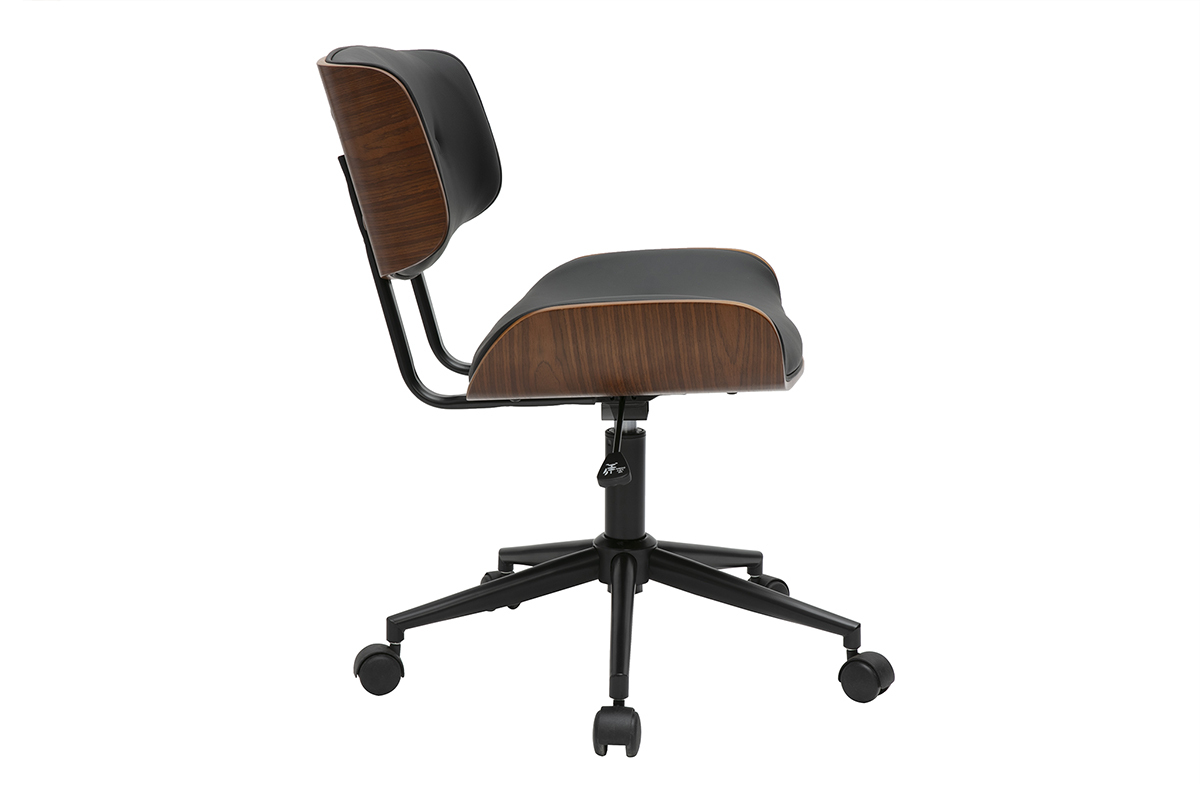 Chaise de bureau noire en placage noyer et polyurthane avec roulettes, modle BASILE de profil.