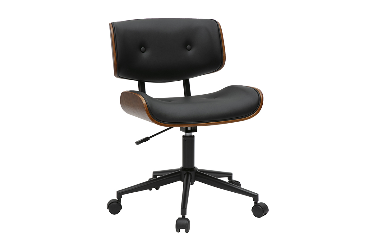 Chaise de bureau  roulettes noire et bois fonc BASILE, vue 3/4.