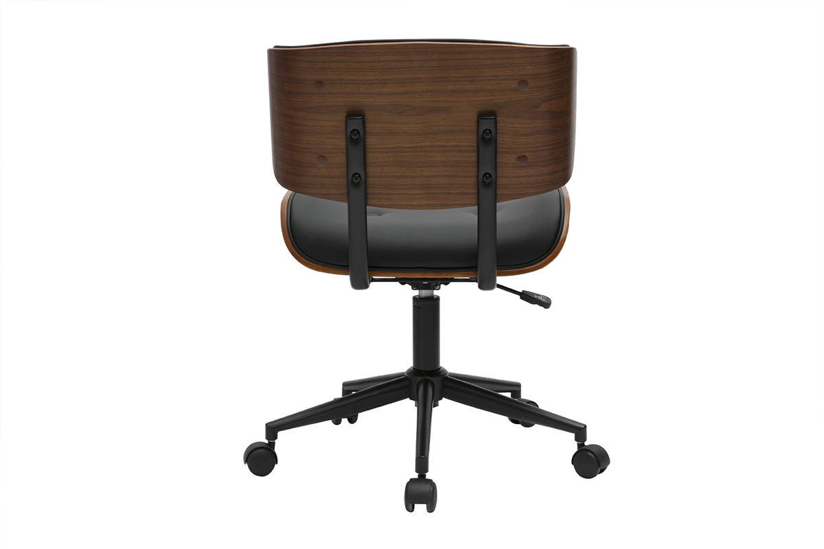 Chaise de bureau noire et bois fonc BASILE avec pitement mtal et roulettes, vue de dos.