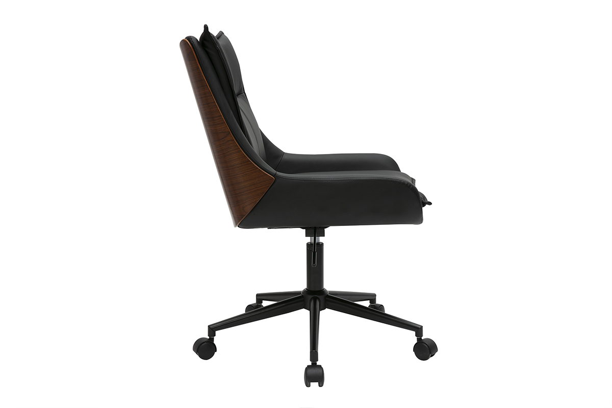 Chaise de bureau noire et bois fonc BLAISE sur roulettes, vue de profil.