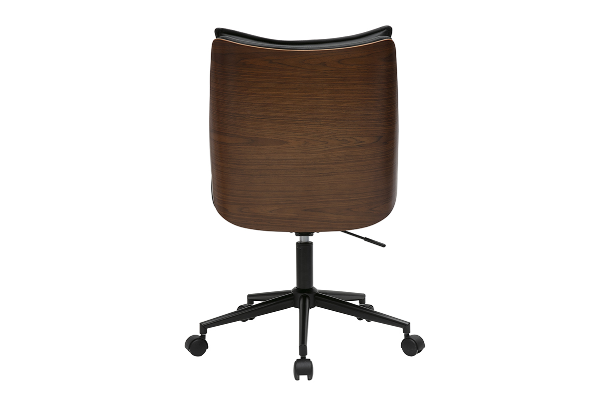 Chaise de bureau noire avec roulettes et dossier en bois fonc, modle BLAISE