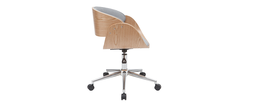 Chaise de bureau à roulettes tissu gris et bois clair BENT
